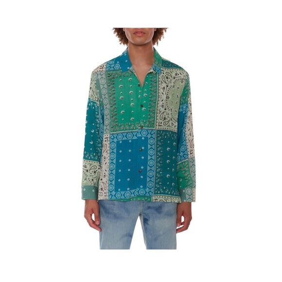 Raga Mens Green Bandanna Print Long Sleeve Collared Button Up Shirt Sz XL New - Picture 1 of 9